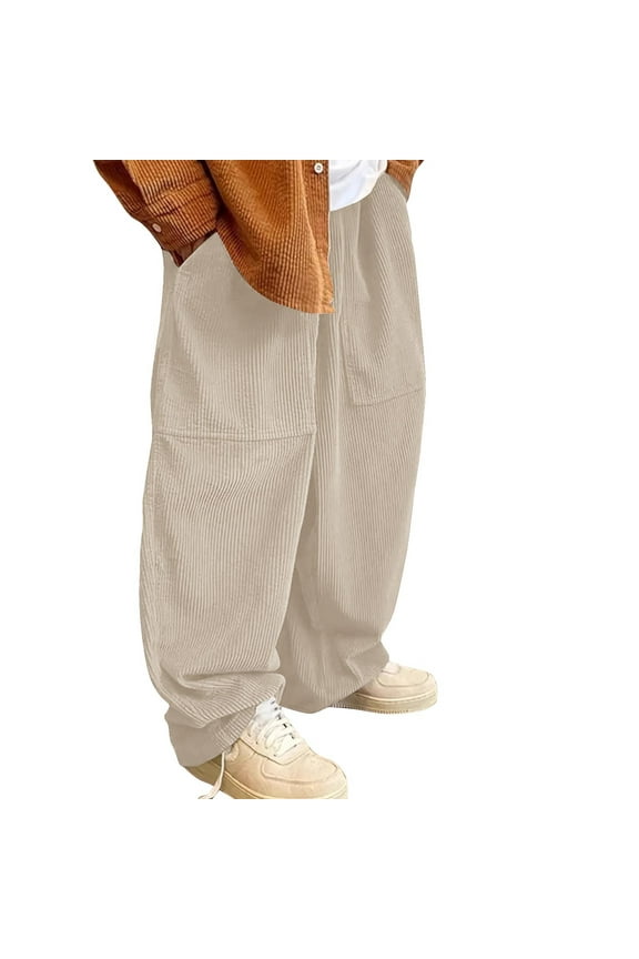 Men’s Vertical-Textured Wide-Leg Cargo Pants with Symmetric Patches & High Drawstring-Waist for Rural Excursions Beige XXL