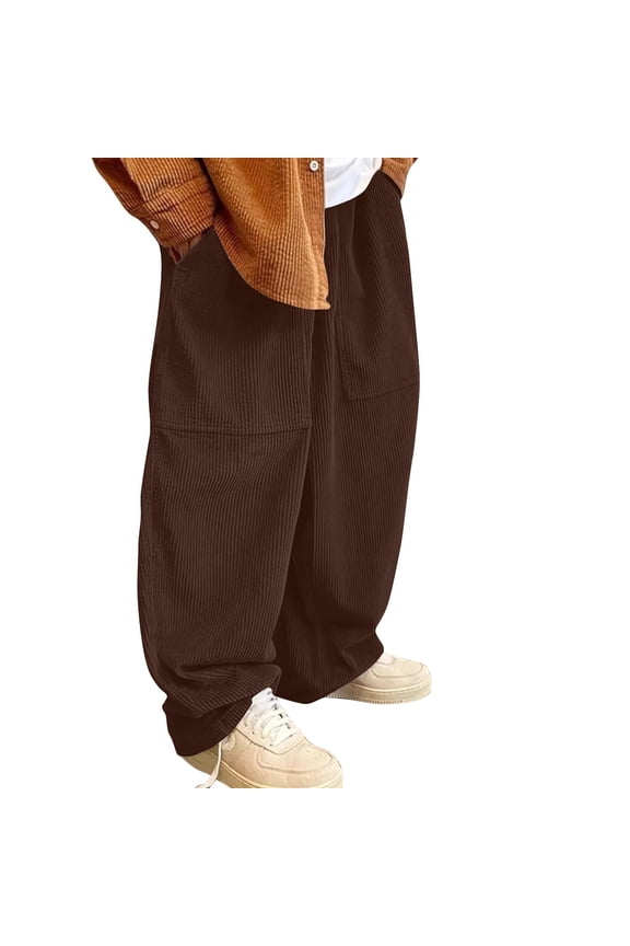 Men’s Vertical-Textured Wide-Leg Cargo Pants with Symmetric Patches & High Drawstring-Waist for Rural Excursions Brown XXXXXL