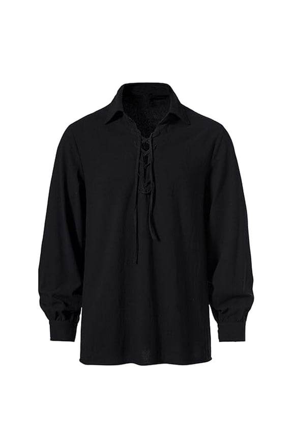 Men's Vintage Lace Up Shirt, Point Collar Lantern Sleeves, Loose Fit for leisure daily wear Black XL