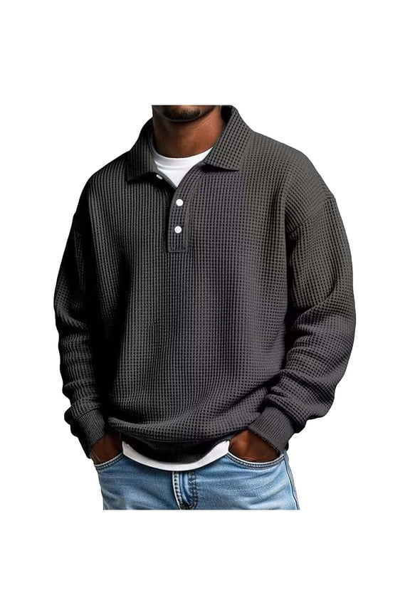 Men's Waffle Knit Collared Sweatshirt, Two Button Placket Layout, Loose Fit for relaxed daily dress Black XXXXL