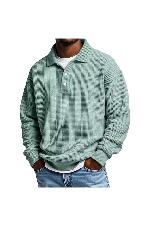 Men's Waffle Knit Collared Sweatshirt, Two Button Placket Layout, Loose Fit for relaxed daily dress Green XXXXL