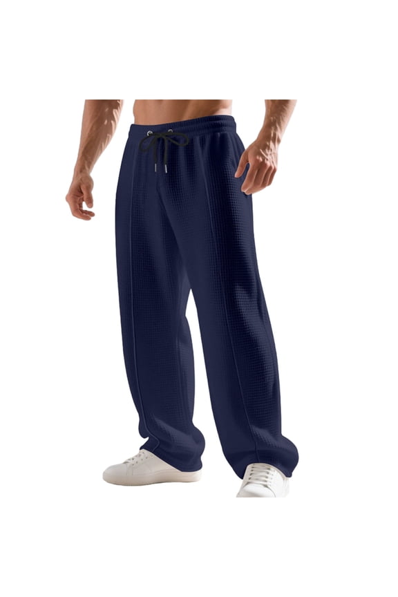 Men's Waffle-Knit Drawstring Oversized Wide-Leg Sweat Pants with Pleated Elastic-Waist & Hidden Slip Pockets for City Wanders Blue XXXL