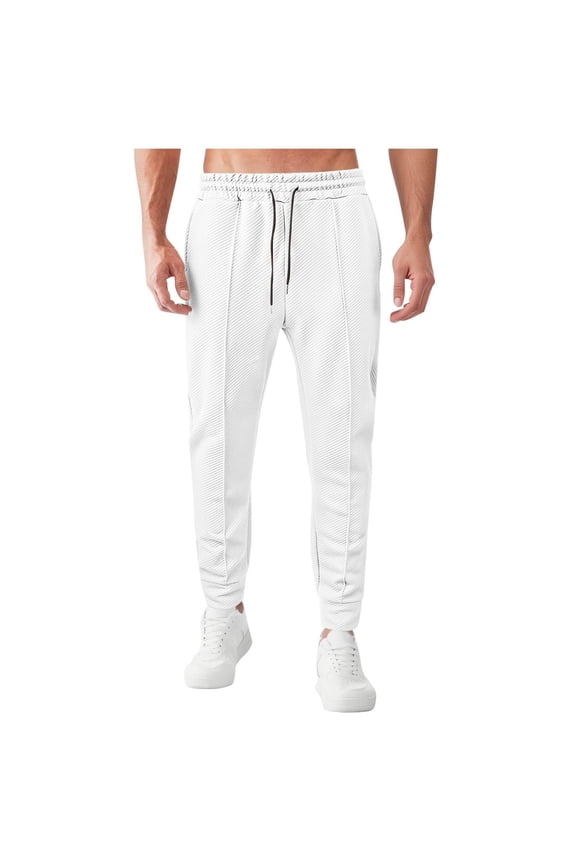Men's Waffle Knit Jogger Pants, Elastic Waist with Seam Piping, Soft Fabric for gym fitness jogging sessions White S