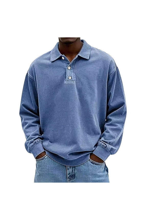 Men's Washed Collared Sweatshirt, Point Collar Loose Cut, Casual Fit for home relaxed dress Blue XXL