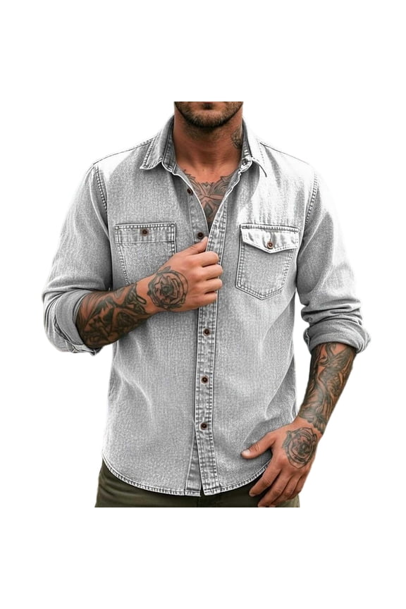 Men's Washed Denim Shirt, Point Collar with Chest Pockets, Button Placket for western fashion look Gray M