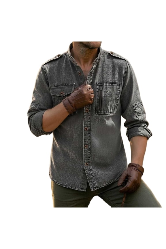 Men's Washed Utility Shirt, Stand Collar with Multi Pockets, Button Placket for outdoor casual activity Gray M