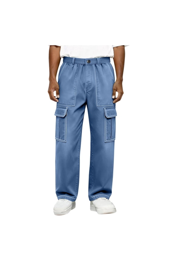 Men's Wide-Leg Cargo Pants, Single-Button Waist with Contrast Stitching for Streetwear Outfits Blue L