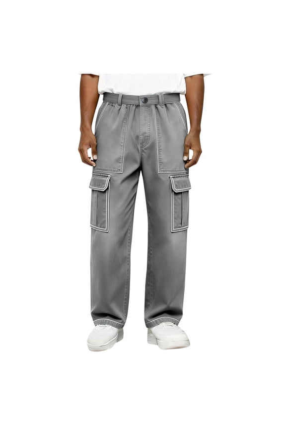 Men's Wide-Leg Cargo Pants, Single-Button Waist with Contrast Stitching for Streetwear Outfits Gray XL