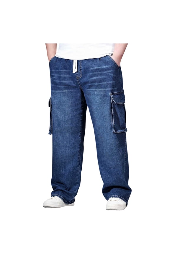 Men's Wide-Leg Denim Drawstring Pants with Side Patch & Adjustable Cords & Hidden Inner Pockets for Neighborhood Strolls Blue XXXXL
