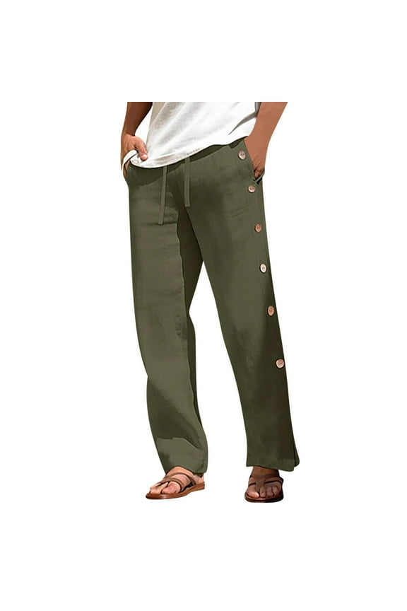 Men's Wide-Leg Linen Vacation Drawstring Pants with Side-Button Slit & Adjustable Cords & Breathable Weave for Beach Breaks Green S