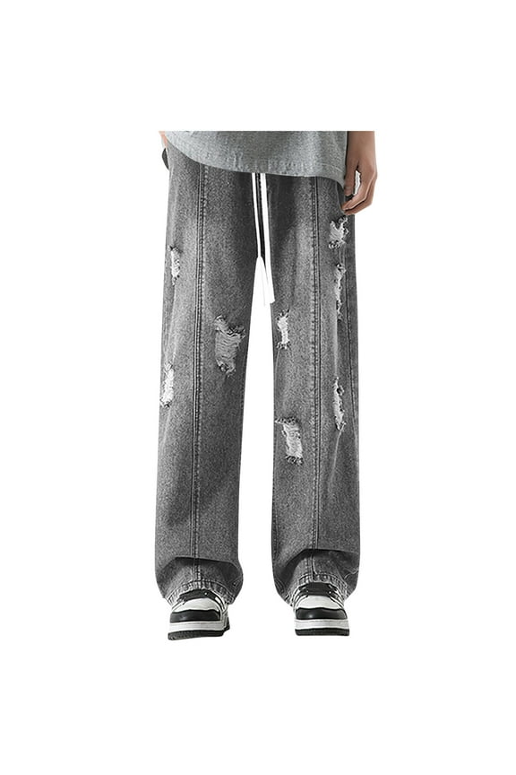 Men's Wide-Leg Streetwear Denim Drawstring Pants with Distressed Rips & Stretch-Waist & Curved Patch Pockets for Daily Strolls Gray XL