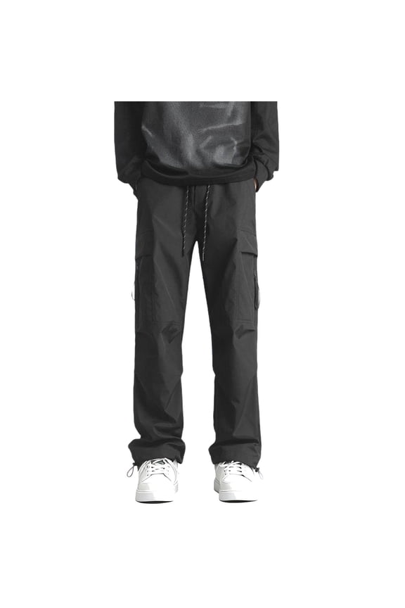 Men's Wide-Leg Tech Cargo Drawstring Pants with Dual-Zip Adjustable Waist & Multi Storage Slots for City Wanders Black XL