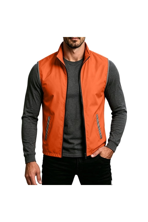 Men's Zip Stand Collar Utility Vest, Reflective Strip Detailing High Vis Storage Gilet Dawn Bike Rides Orange M
