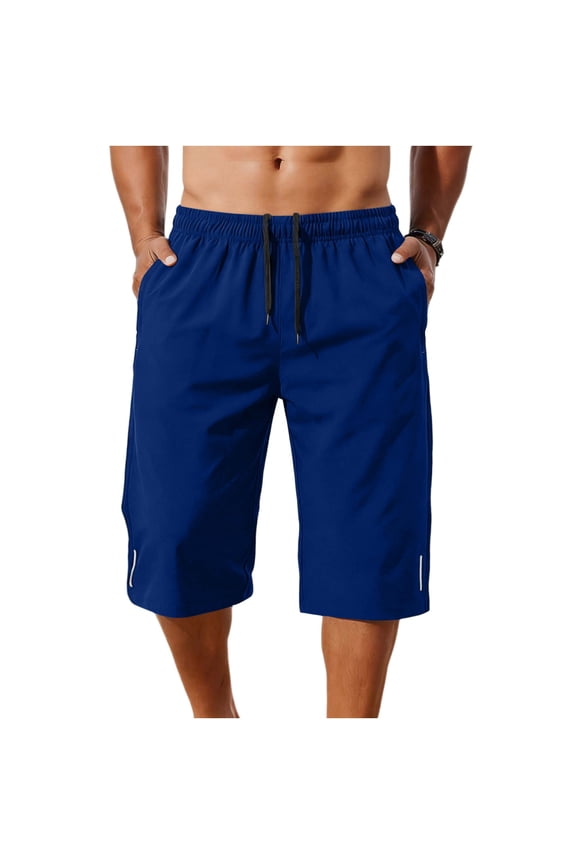 Mens Athletic Capri Casual Shorts, Drawstring Waist with Reflective Stripe Detail and Quick Dry Fabric Blue S