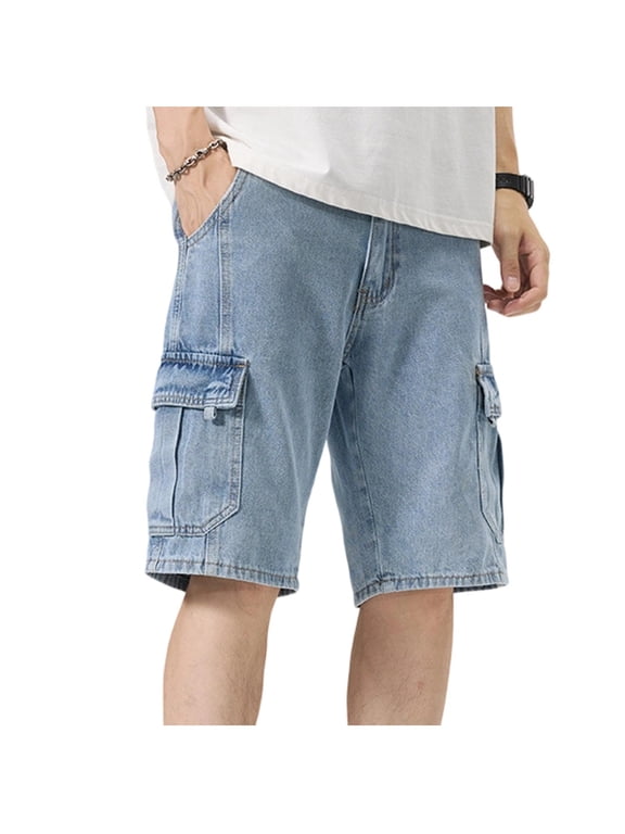 Mens Blue Denim Cargo Shorts, Multi Pocket Structure with Rugged Denim Fabric for Daily Casual Urban Fashion Dressing Blue M