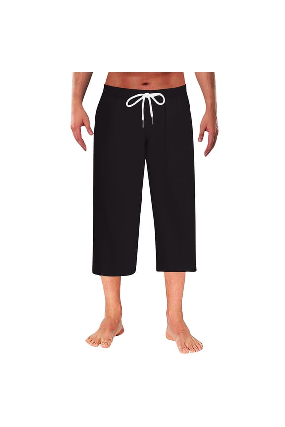 Mens Capri Pajama Pants Pilates Yoga Beach Lounge Sleep Pjs Elastic Waist Drawstring Casual Lightweight & Comfortable Black M