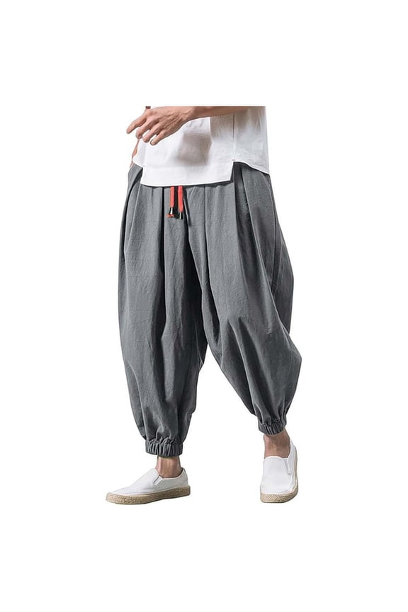 Mens Casual Harem Pants Baggy Linen Boho Yoga Jogger Pants Elastic Waist Vintage Hippie Drop Crotch Trousers Plus Size Gray M