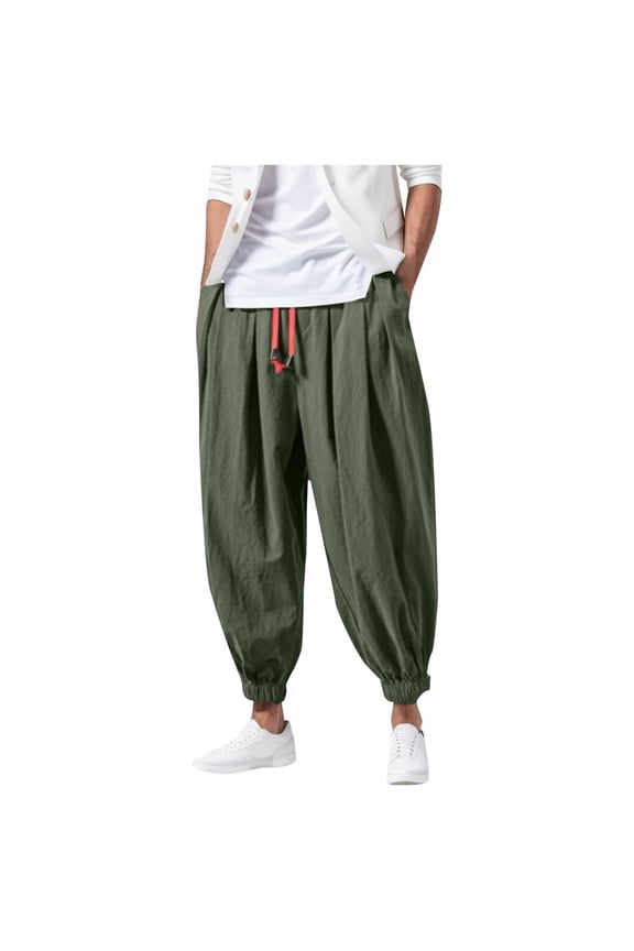 Mens Casual Harem Pants Baggy Linen Boho Yoga Jogger Pants Elastic Waist Vintage Hippie Drop Crotch Trousers Plus Size Green XXXXXL