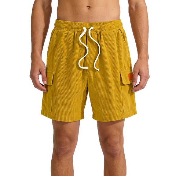kosheko Mens Corduroy Cargo Shorts, Soft Plush Fabric with Elastic Drawstring Waist and Practical Multi-Pocket Layout Yellow S