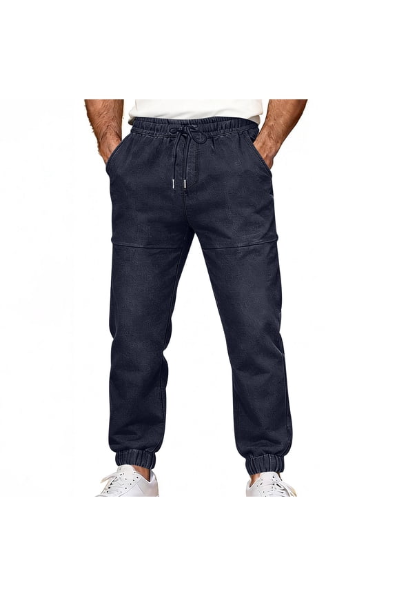 Mens Denim Jogger Casual Pants, Drawstring Waist Loose Fit with Elastic Cuffed Hem and Modern Street Look Blue M