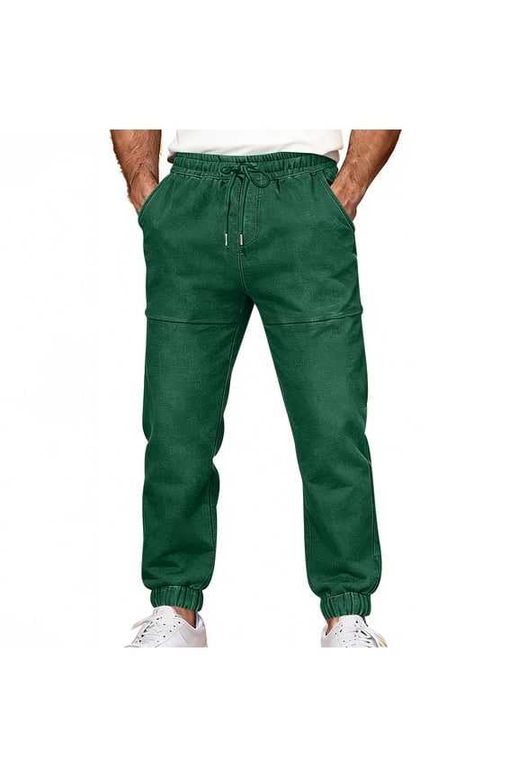 Mens Denim Jogger Casual Pants, Drawstring Waist Loose Fit with Elastic Cuffed Hem and Modern Street Look Green M