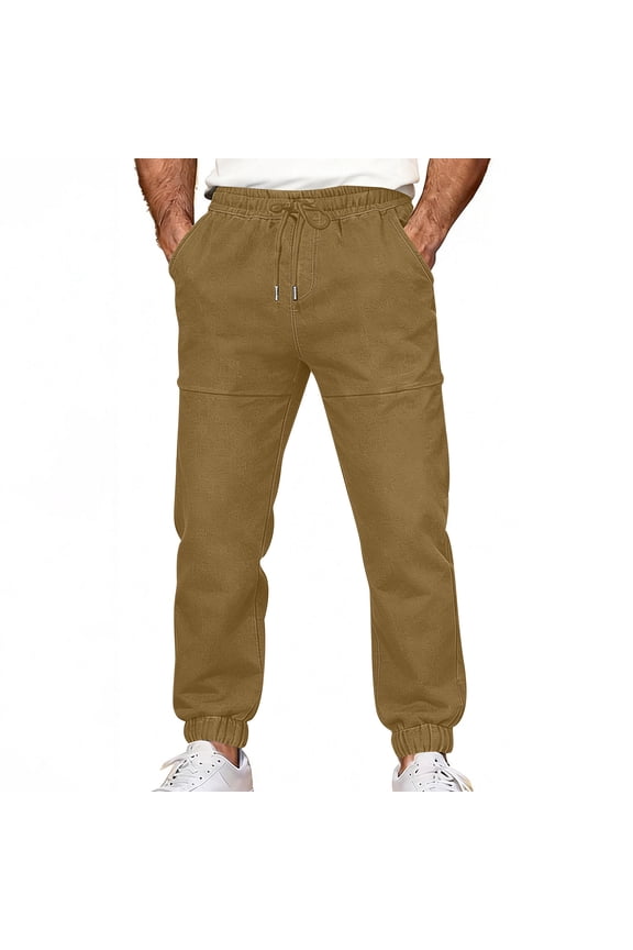 Mens Denim Jogger Casual Pants, Drawstring Waist Loose Fit with Elastic Cuffed Hem and Modern Street Look Yellow S
