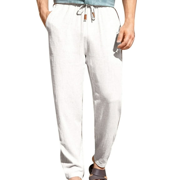kosheko Mens Linen Pants Drawstring Elastic Waist Lightweight Straight Trousers Casual Yoga Summer Beach Pants with Pockets White M