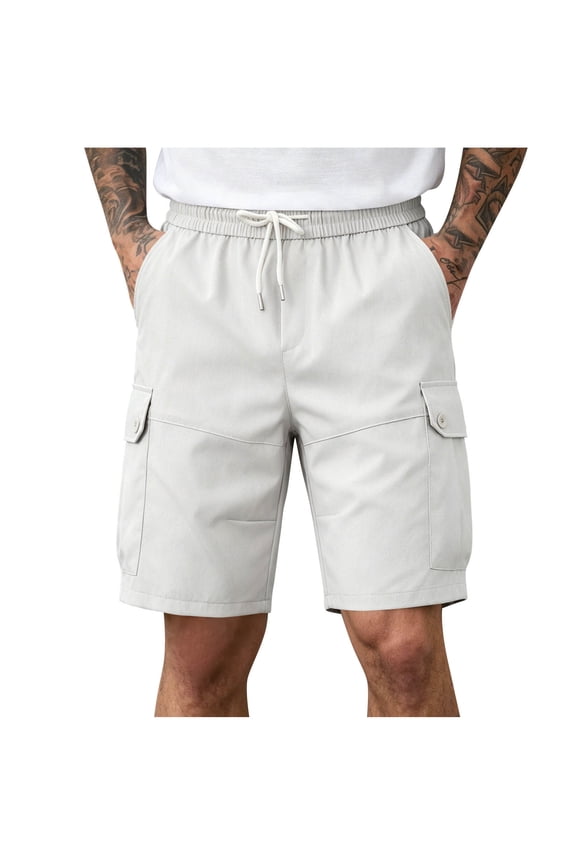 Mens Mid Rise Army Green Cargo Casual Shorts, Drawstring Waist Side Pocket Durable Outdoor Travel Bottoms White XL
