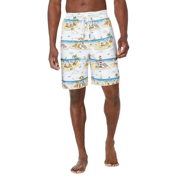 kosheko Mens Mid Rise Beach Vacation Print Shorts, Drawstring Waist Loose Breathable Straight Leg Casual Shorts White S
