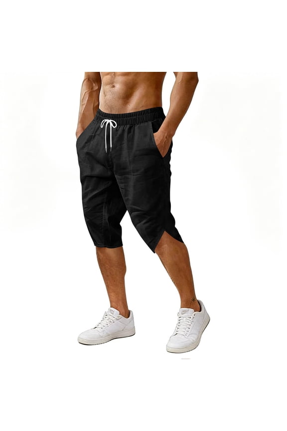 Mens Mid Rise Black Linen-Blend Casual Shorts, Drawstring Waist Loose Fit Breathable Vacation Bottoms Black M