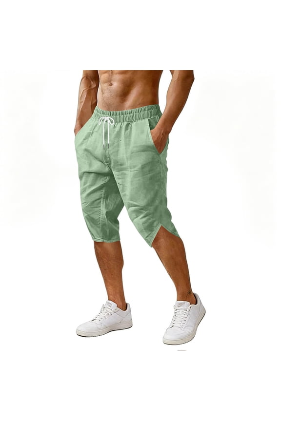 Mens Mid Rise Black Linen-Blend Casual Shorts, Drawstring Waist Loose Fit Breathable Vacation Bottoms Green XL