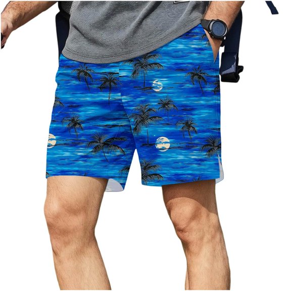 kosheko Mens Mid Rise Blue Palm Tree Print Casual Shorts, Drawstring Waist Textured Breathable Vacation Bottoms Blue S
