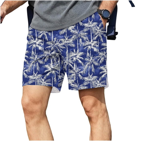 kosheko Mens Mid Rise Blue-White Palm Tree Print Casual Shorts, Drawstring Waist Textured Breathable Vacation Bottoms Blue S
