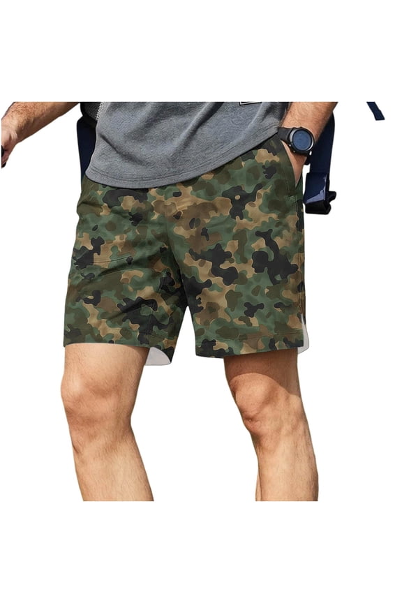 Mens Mid Rise Camo Cargo Casual Shorts, Drawstring Waist Textured Durable Outdoor Travel Bottoms Green S