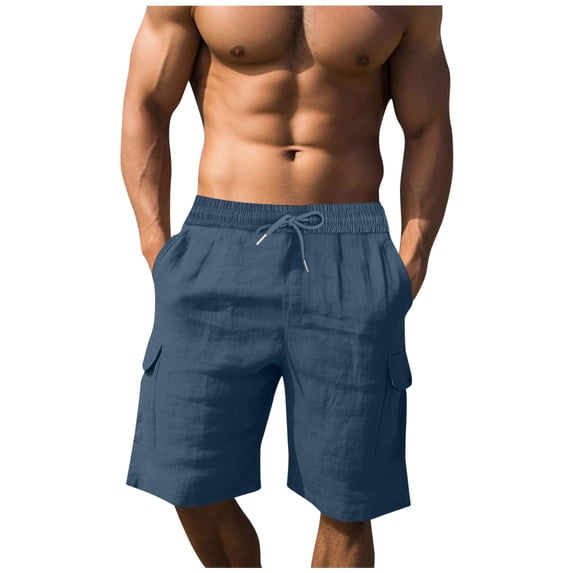 kosheko Mens Mid Rise Cotton-Linen Blend Cargo Bottoms, Drawstring Waist with Side Slit Breathable Outdoor Shorts Blue XXXL