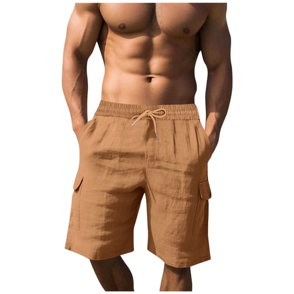 kosheko Mens Mid Rise Cotton-Linen Blend Cargo Bottoms, Drawstring Waist with Side Slit Breathable Outdoor Shorts Yellow S