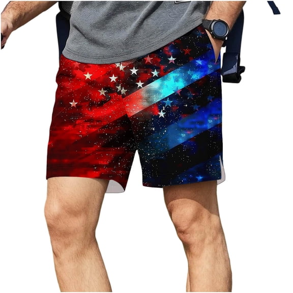 kosheko Mens Mid Rise Galaxy Flag Print Casual Shorts, Drawstring Waist Textured Versatile Breathable Everyday Bottoms Yellow S