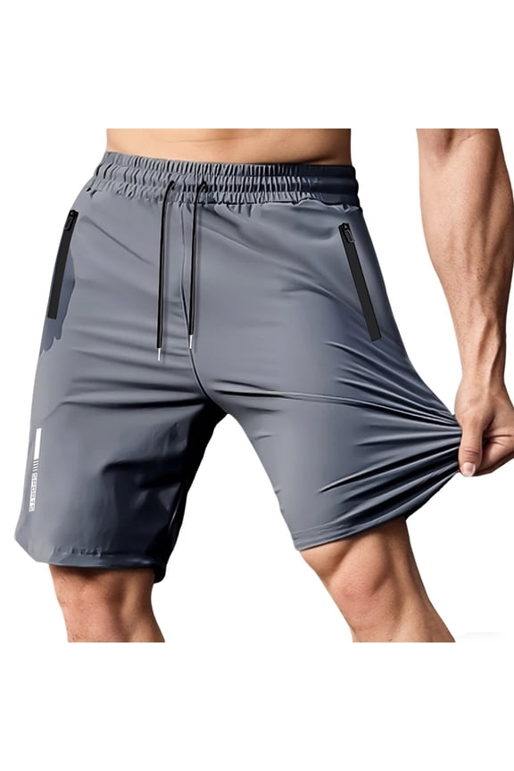 Mens Mid Rise Stretch Quick Dry Athletic Bottoms, Zipper Pockets Reflective Strip Breathable Workout Shorts Gray M