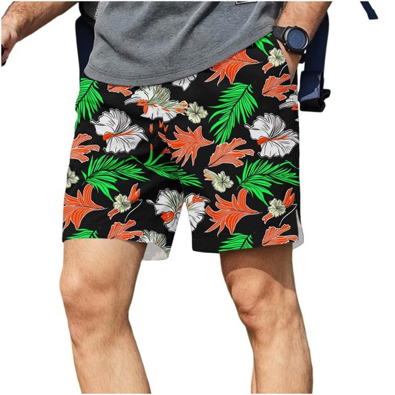 kosheko Mens Mid Rise Tropical Floral Print Casual Shorts, Drawstring Waist Loose Fit Breathable Vacation Bottoms Black S