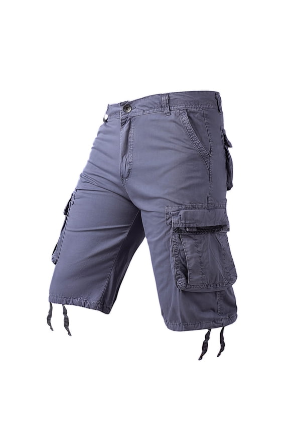 Mens Outdoor Cargo Shorts, Rugged Cotton Twill Fabric with Button Waist, Adjustable Ties and Multi-Pocket Structure Gray 36