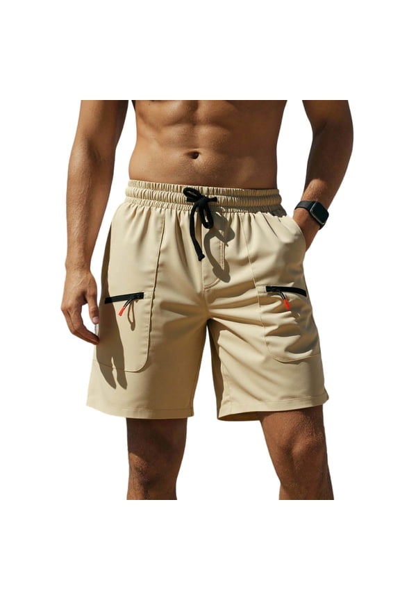 Mens Outdoor Shorts, Color Block Zipper Contrast Side Pockets, Drawstring Waist for Light Outdoor Leisure Activities Yellow M
