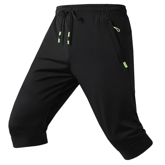 kosheko Mens Quick Dry Athletic Capri Pants, Drawstring Closure with Reflective Detail for Outdoor Running Fitness Activities Black L