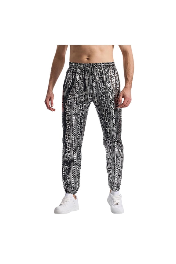 Mens Shiny Plaid Casual Jogger Pants, Drawstring Waist with Reflective Fabric and Statement Party Style Silver XXXL