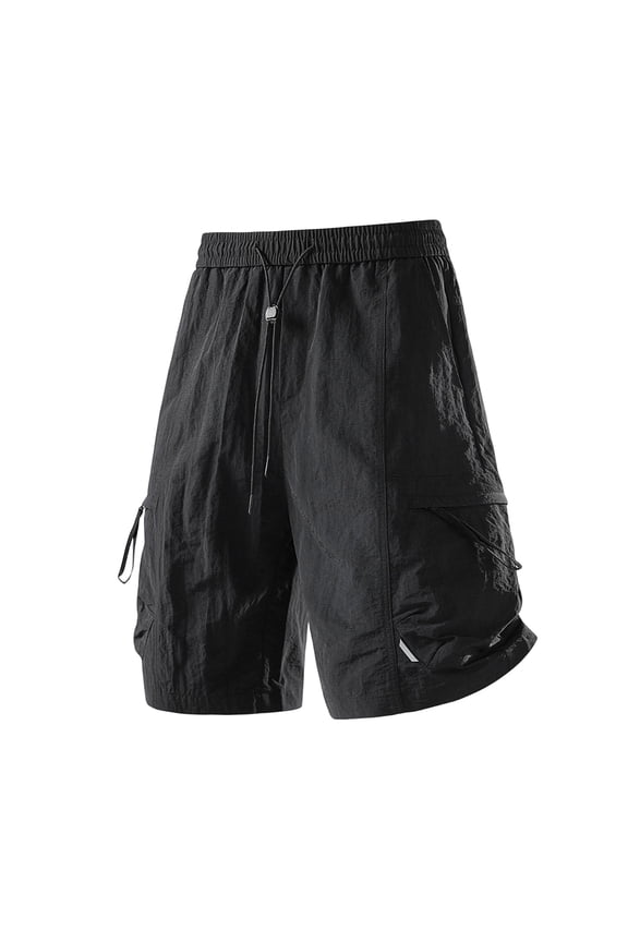 Mens Textured Crinkle Drawstring Cargo Shorts, Loose Relaxed Fit with Wrinkle Resistant Fabric for Camping Outdoor Adventures Black XL
