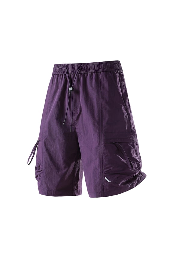 Mens Textured Crinkle Drawstring Cargo Shorts, Loose Relaxed Fit with Wrinkle Resistant Fabric for Camping Outdoor Adventures Purple L