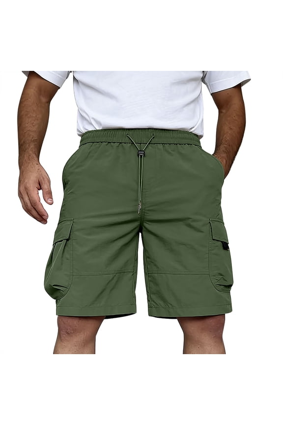 Mens Utility Cargo Shorts, Durable Ripstop Fabric with Elastic Drawstring Waist and Practical Multi-Pocket Structure Green L