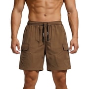 kosheko Mens Utility Cargo Shorts, Quick Dry Crinkled Fabric with Elastic Drawstring Waist and Functional Side Pockets Brown L