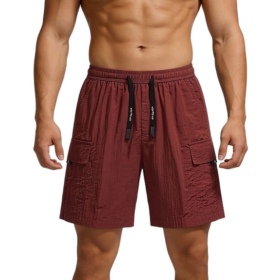 kosheko Mens Utility Cargo Shorts, Quick Dry Crinkled Fabric with Elastic Drawstring Waist and Functional Side Pockets Red L