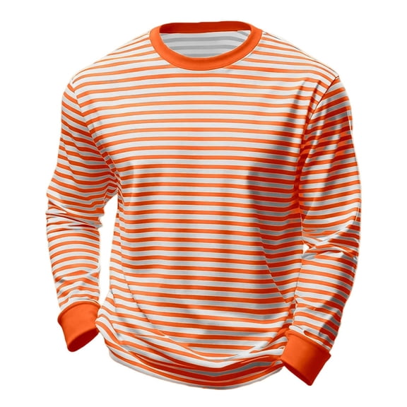 kosheko Ribbed Crew Neck Horizontal-Stripe Long-Sleeve Tee, Soft Premium Cotton-Blend Fabric for Local Weekend Bazaar Trips Orange S