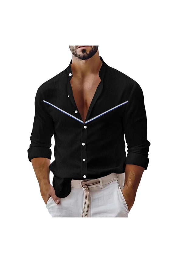 Western Stand Collar Contrast Chevron-Trim Button-Down Shirt, Roll-Tab Long-Sleeve Textured Blouse for Countryside Ranch Visits Black S